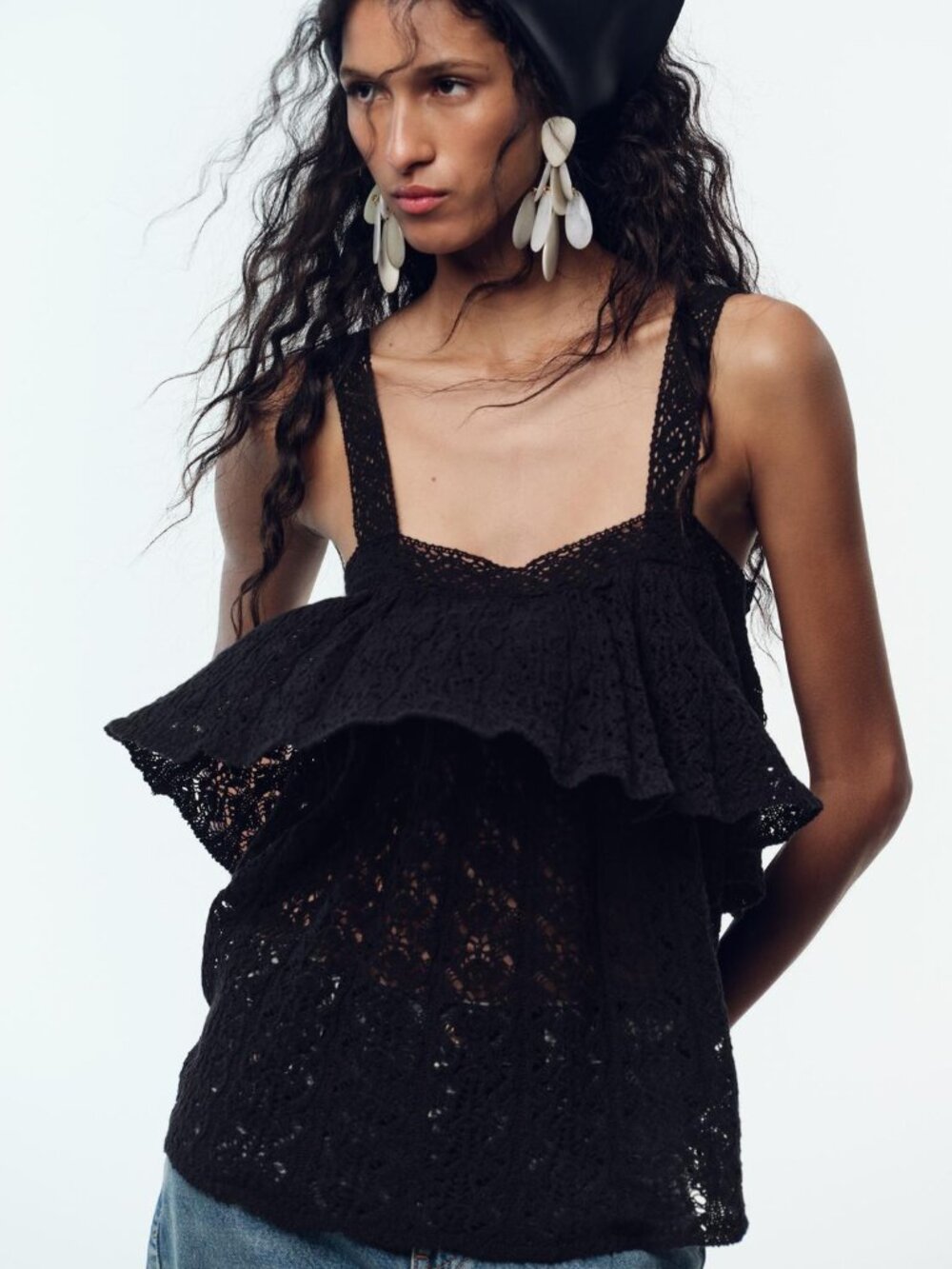 NWT Zara Boho Crochet Style Open Knit Ruffled Tank Top In Black